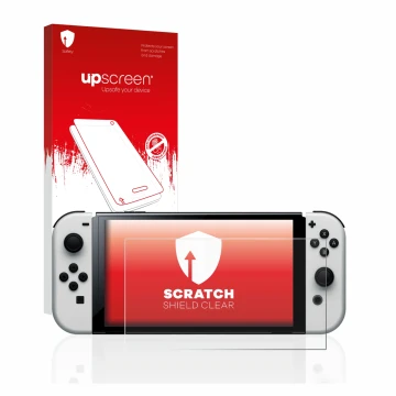 Front side of a product packaging with the brand logo upscreen. Next to it is the device Nintendo Switch OLED-Modell shown wit