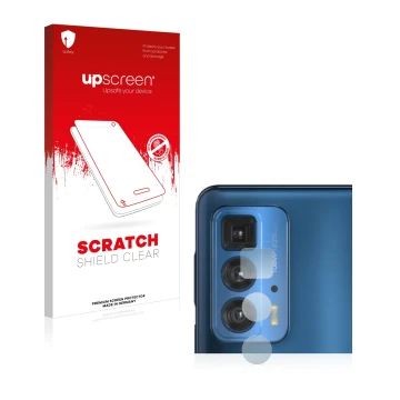 Front side of a product packaging with the brand logo upscreen. Next to it is the device Motorola Edge 20 Pro (ONLY Camera Len