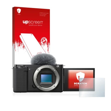 Front side of a product packaging with the brand logo upscreen. Next to it is the device Sony Alpha ZV-E10 shown with the corr