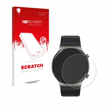 Front side of a product packaging with the brand logo upscreen. Next to it is the device Huawei Watch GT 2 Pro ECG shown with 