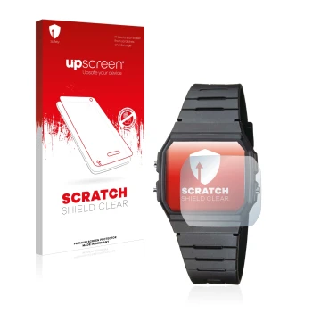 Front side of a product packaging with the brand logo upscreen. Next to it is the device Casio Collection Unisex F-91W shown w
