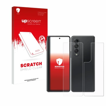 Front side of a product packaging with the brand logo upscreen. Next to it is the device Samsung Galaxy Z Fold 3 5G (Front+Bac
