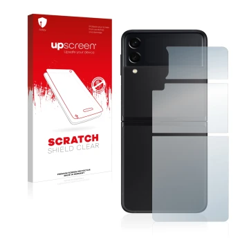 Front side of a product packaging with the brand logo upscreen. Next to it is the device Samsung Galaxy Z Flip 3 5G (Back) sho