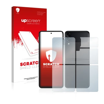 Front side of a product packaging with the brand logo upscreen. Next to it is the device Samsung Galaxy Z Flip 3 5G (Front+Bac