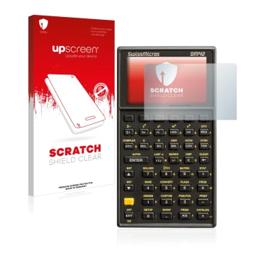 Front side of a product packaging with the brand logo upscreen. Next to it is the device SwissMicros DM42 shown with the corre