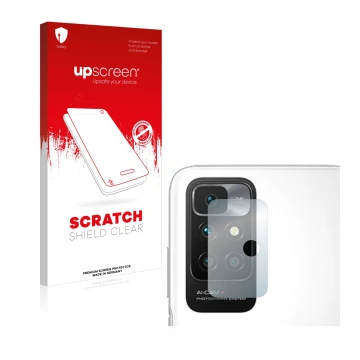 Front side of a product packaging with the brand logo upscreen. Next to it is the device Xiaomi Redmi 10 (ONLY Camera Lens) sh