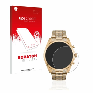 Front side of a product packaging with the brand logo upscreen. Next to it is the device Michael Kors Access Gen 6 Bradshaw sh