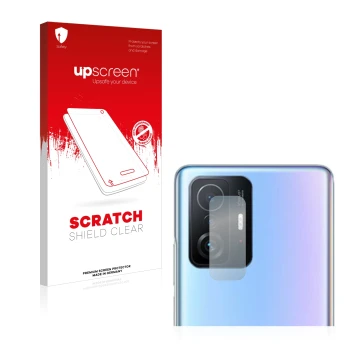 Front side of a product packaging with the brand logo upscreen. Next to it is the device Xiaomi 11T Pro (ONLY Camera Lens) sho
