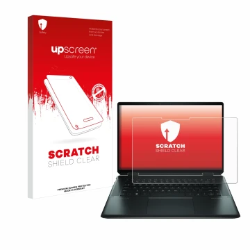 Front side of a product packaging with the brand logo upscreen. Next to it is the device HP Spectre x360 16