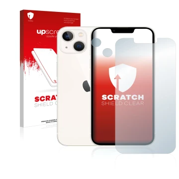 Front side of a product packaging with the brand logo upscreen. Next to it is the device Apple iPhone 13 (Front+Camera) shown 