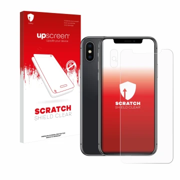 Front side of a product packaging with the brand logo upscreen. Next to it is the device Apple iPhone X (Front+Camera) shown w
