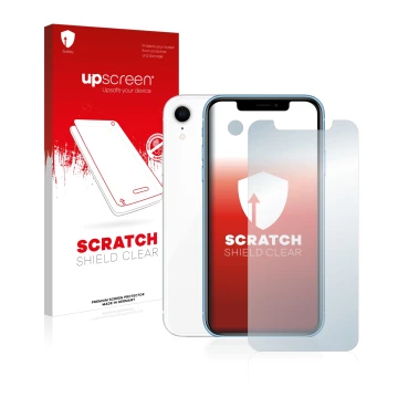 Front side of a product packaging with the brand logo upscreen. Next to it is the device Apple iPhone XR (Front+Camera) shown 