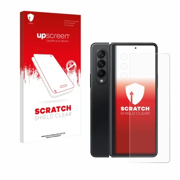 Front side of a product packaging with the brand logo upscreen. Next to it is the device Samsung Galaxy Z Fold 3 5G (Front+Cam