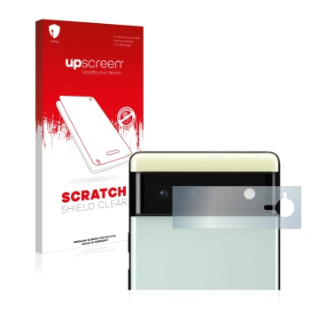 Front side of a product packaging with the brand logo upscreen. Next to it is the device Google Pixel 6 (ONLY Camera Lens) sho