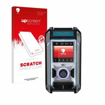 Front side of a product packaging with the brand logo upscreen. Next to it is the device Makita DMR115 shown with the correspo