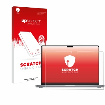 Front side of a product packaging with the brand logo upscreen. Next to it is the device Apple MacBook Pro 16