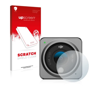 Front side of a product packaging with the brand logo upscreen. Next to it is the device DJI Action 2 Lens (housing) shown wit