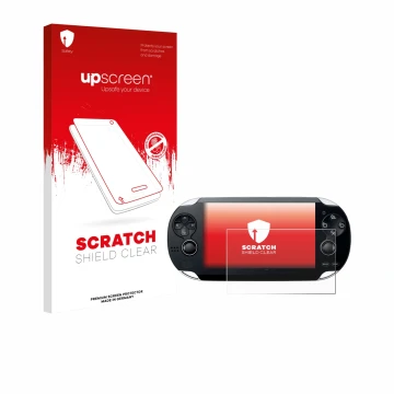 Front side of a product packaging with the brand logo upscreen. Next to it is the device Sony Playstation PS Vita shown with t