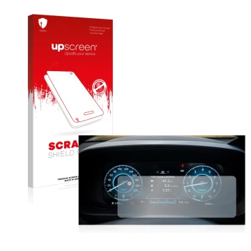 Front side of a product packaging with the brand logo upscreen. Next to it is the device Hyundai i20 BC3 2021 Cockpit shown wi