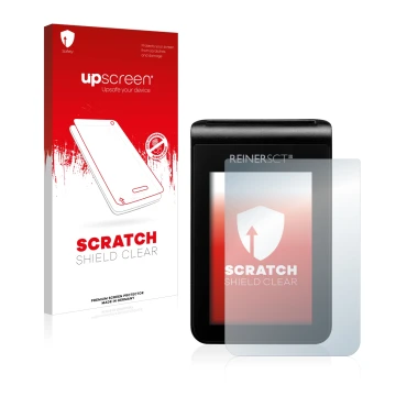 Front side of a product packaging with the brand logo upscreen. Next to it is the device REINER SCT tanJack deluxe shown with 