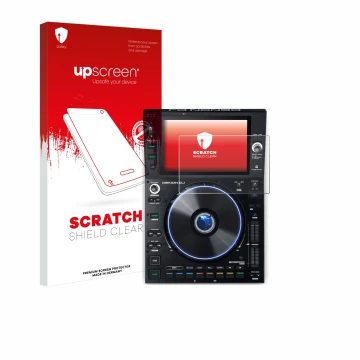 Front side of a product packaging with the brand logo upscreen. Next to it is the device Denon DJ SC6000 Prime shown with the 