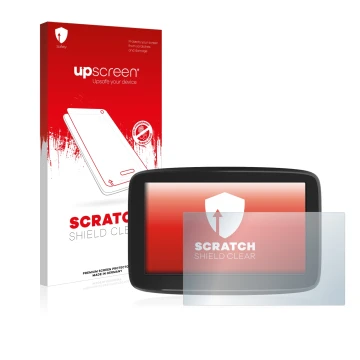 Front side of a product packaging with the brand logo upscreen. Next to it is the device TomTom GO Classic 5