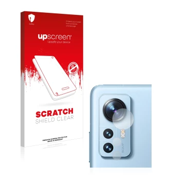 Front side of a product packaging with the brand logo upscreen. Next to it is the device Xiaomi 12 (ONLY Camera Lens) shown wi