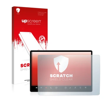 Front side of a product packaging with the brand logo upscreen. Next to it is the device Tesla Model Y Infotainment System 15.