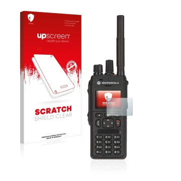 Front side of a product packaging with the brand logo upscreen. Next to it is the device Motorola MTP3550 shown with the corre