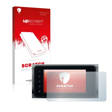 Front side of a product packaging with the brand logo upscreen. Next to it is the device Dacia Sandero 2021-2025 Media Display