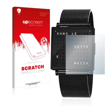 Front side of a product packaging with the brand logo upscreen. Next to it is the device Qlocktwo W35 shown with the correspon