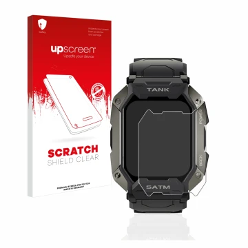Front side of a product packaging with the brand logo upscreen. Next to it is the device Kospet Tank M1 shown with the corresp