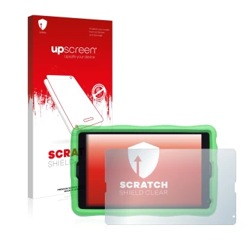 Front side of a product packaging with the brand logo upscreen. Next to it is the device MEDION Lifetab E10440 Kids shown with