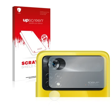 Front side of a product packaging with the brand logo upscreen. Next to it is the device Xiaomi Poco X4 Pro 5G (ONLY Camera Le