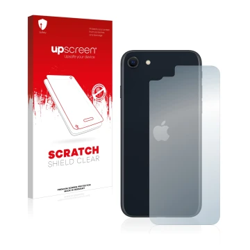 Front side of a product packaging with the brand logo upscreen. Next to it is the device Apple iPhone SE 3 2022 (Back) shown w