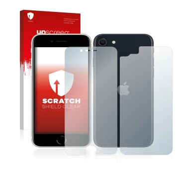 Front side of a product packaging with the brand logo upscreen. Next to it is the device Apple iPhone SE 3 2022 (Front+Back) s