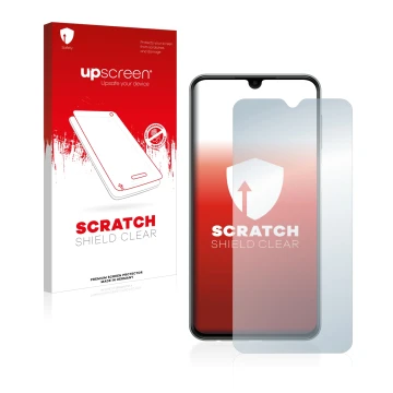 Front side of a product packaging with the brand logo upscreen. Next to it is the device Samsung Galaxy M33 shown with the cor
