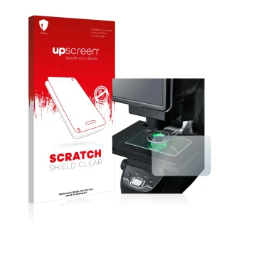 Front side of a product packaging with the brand logo upscreen. Next to it is the device Keyence IM-7030 Glass plate shown wit