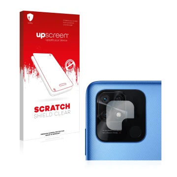 Front side of a product packaging with the brand logo upscreen. Next to it is the device Xiaomi Redmi 10C (ONLY Camera Lens) s