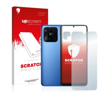 Front side of a product packaging with the brand logo upscreen. Next to it is the device Xiaomi Redmi 10C (Front+Camera) shown