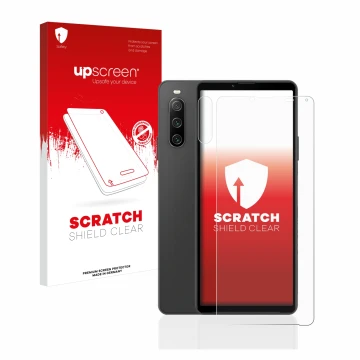 Front side of a product packaging with the brand logo upscreen. Next to it is the device Sony Xperia 10 IV (Front+Camera) show
