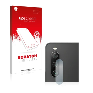 Front side of a product packaging with the brand logo upscreen. Next to it is the device Sony Xperia 10 IV (ONLY Camera Lens) 