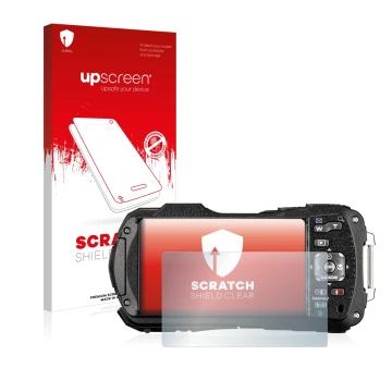 Front side of a product packaging with the brand logo upscreen. Next to it is the device Ricoh WG-80 shown with the correspond