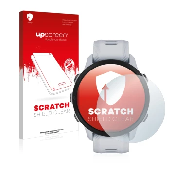 Front side of a product packaging with the brand logo upscreen. Next to it is the device Garmin Forerunner 955 shown with the 