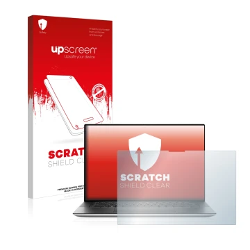 Front side of a product packaging with the brand logo upscreen. Next to it is the device Dell XPS 15 9510 Touch shown with the