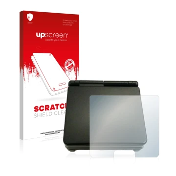 Front side of a product packaging with the brand logo upscreen. Next to it is the device Nintendo Gameboy Advance SP (housing)