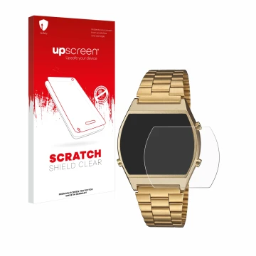 Front side of a product packaging with the brand logo upscreen. Next to it is the device Casio Retro B640WB shown with the cor