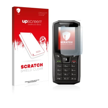 Front side of a product packaging with the brand logo upscreen. Next to it is the device Crosscall Core-S4 shown with the corr