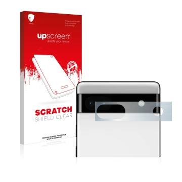 Front side of a product packaging with the brand logo upscreen. Next to it is the device Google Pixel 6a (ONLY Camera Lens) sh