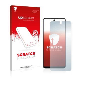 Front side of a product packaging with the brand logo upscreen. Next to it is the device Motorola Moto G32 shown with the corr